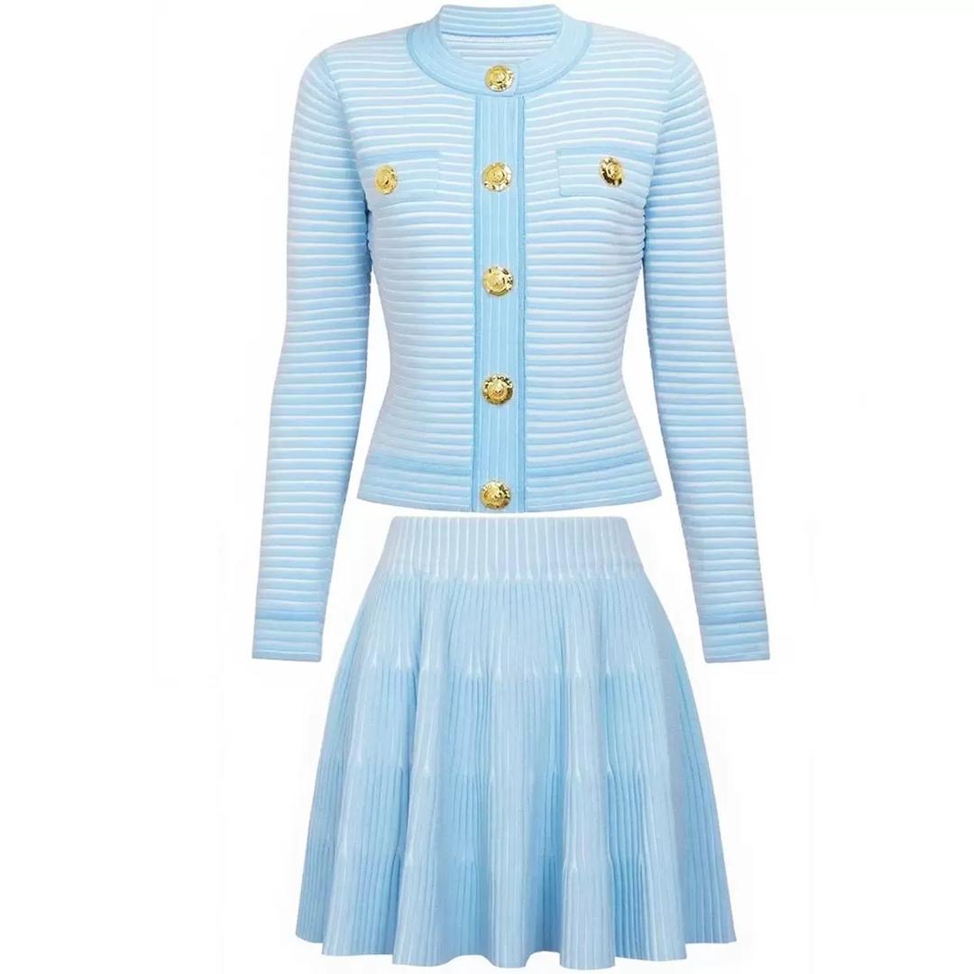 Classic Gold-Button Knitted Blazer & Pleated Skirt Set