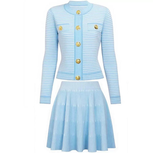 Classic Gold-Button Knitted Blazer & Pleated Skirt Set