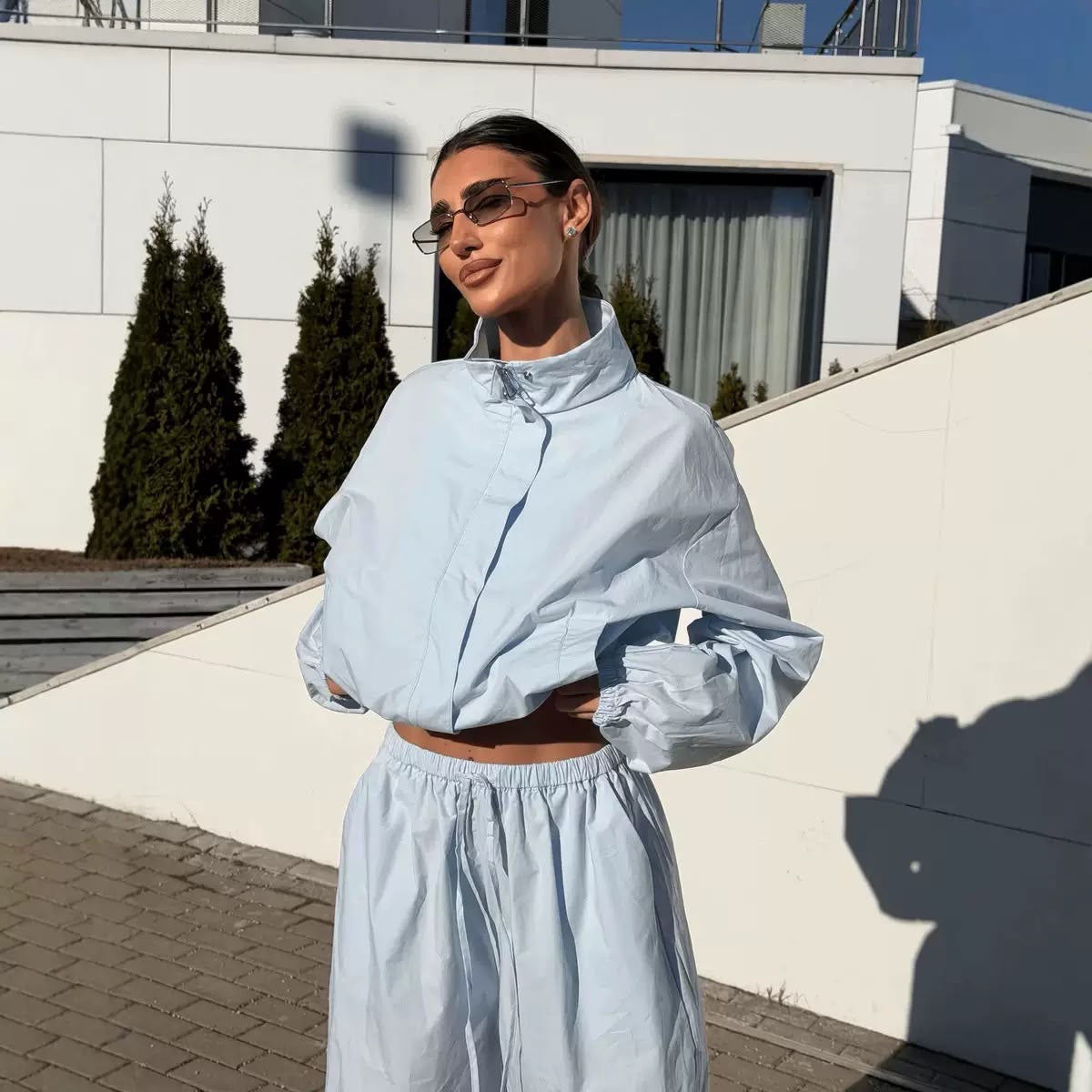 Cropped Windbreaker & Wide-Leg Pants Set