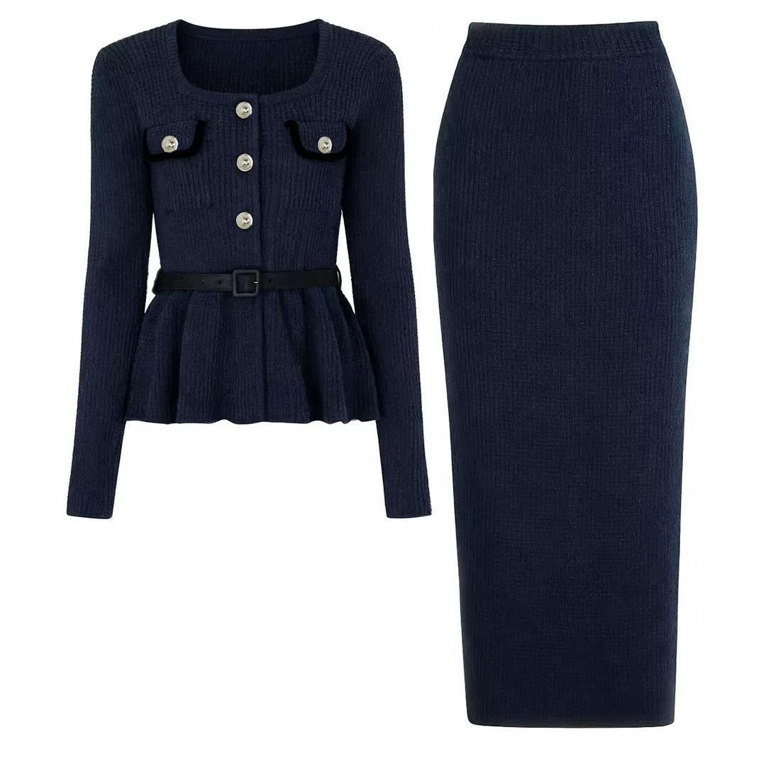 Belted Knit Cardigan & Pencil Skirt Set