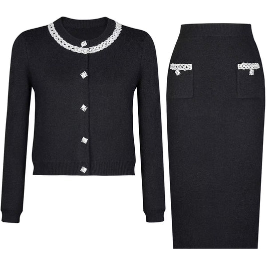Knit Cardigan & Skirt Set with Crystal Detailing