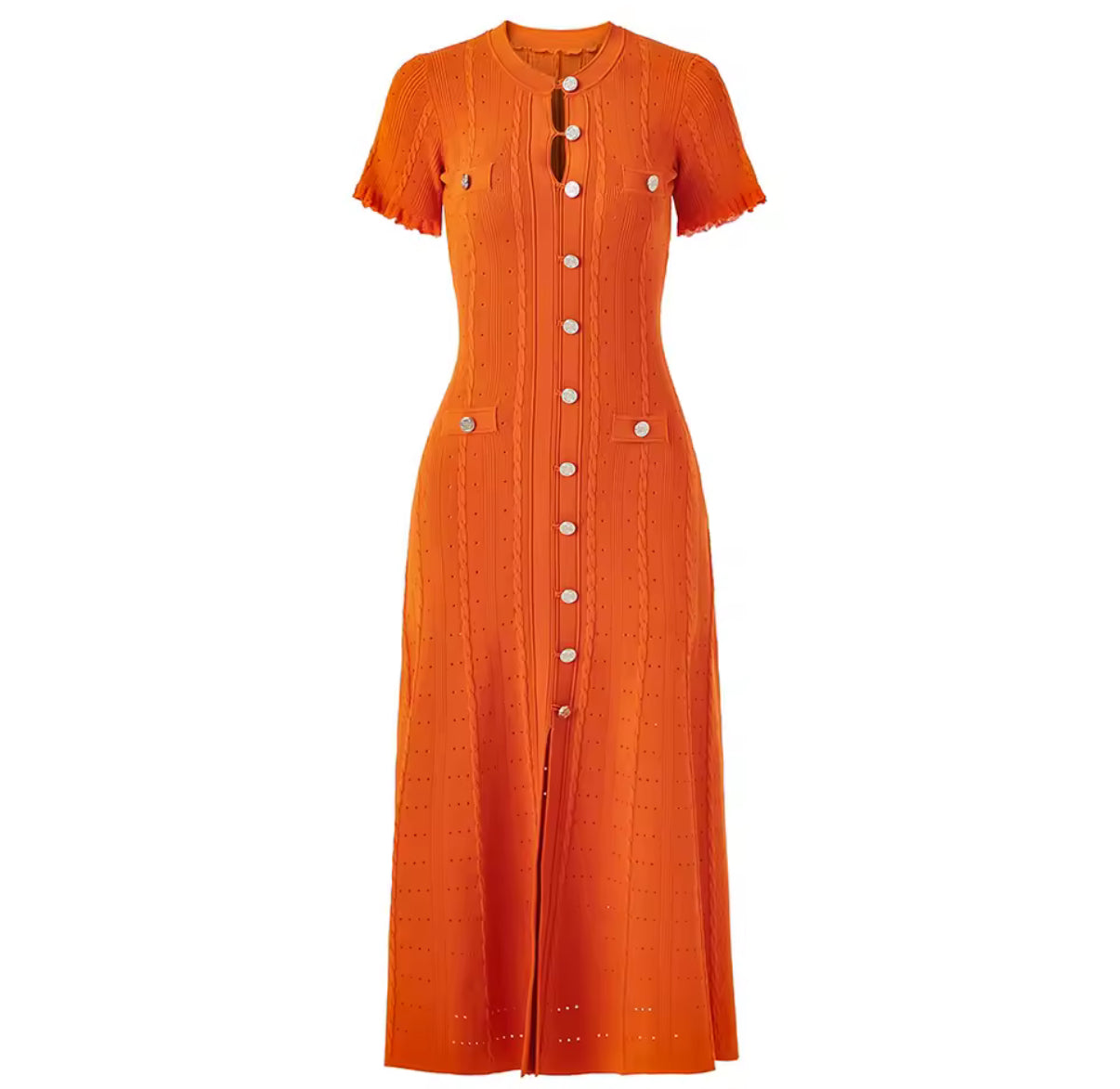 Pastel knit midi dress with front buttons and pocket detail