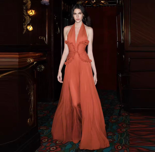 Sleeveless Deep Halter Terracotta Maxi Dress