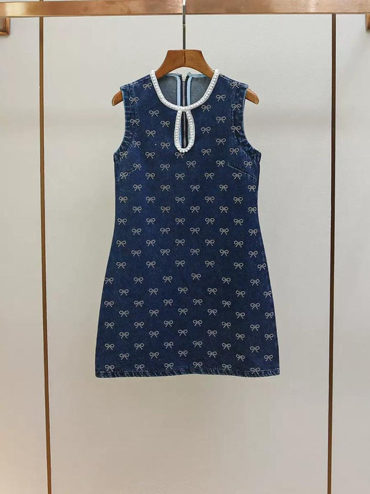 Crystal Bow Denim Mini Dress