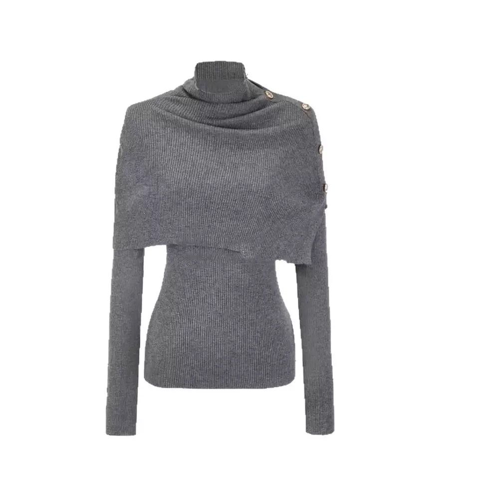 High-Neck Layered Knit Top with Side Buttons