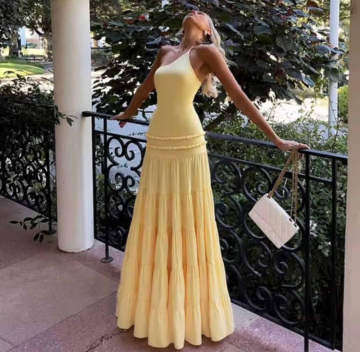 One-Shoulder Fitted Tiered Maxi Dress