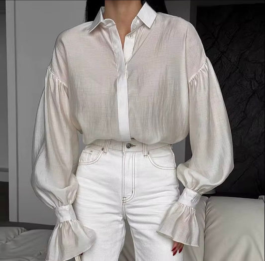 Long Sleeve Sheer Button-Up Blouse