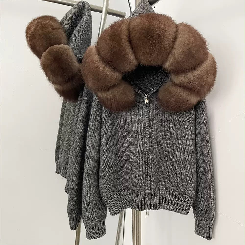 Oversized Fur Collar Knit Cardigan