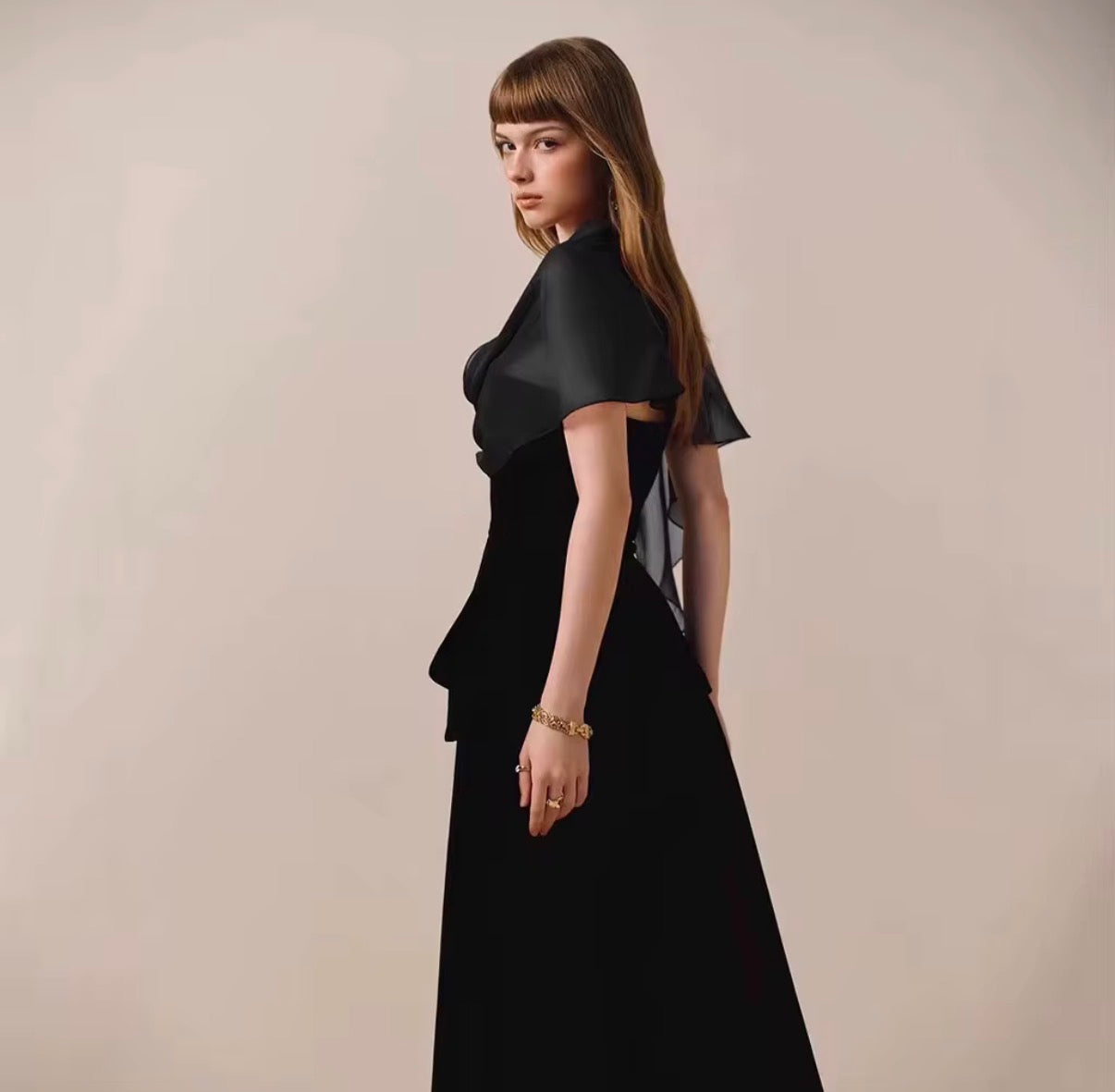 Elegant Draped Sheer Shawl A-Line Midi Dress with Structured Waist