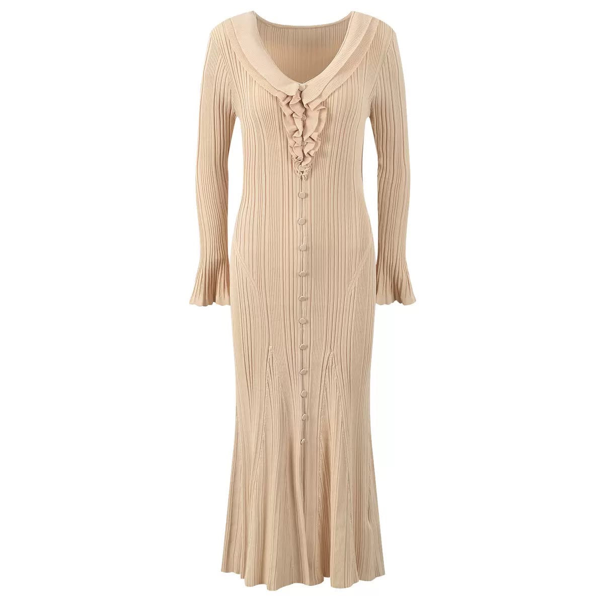 Ruffle Trim Ribbed Maxi Dress