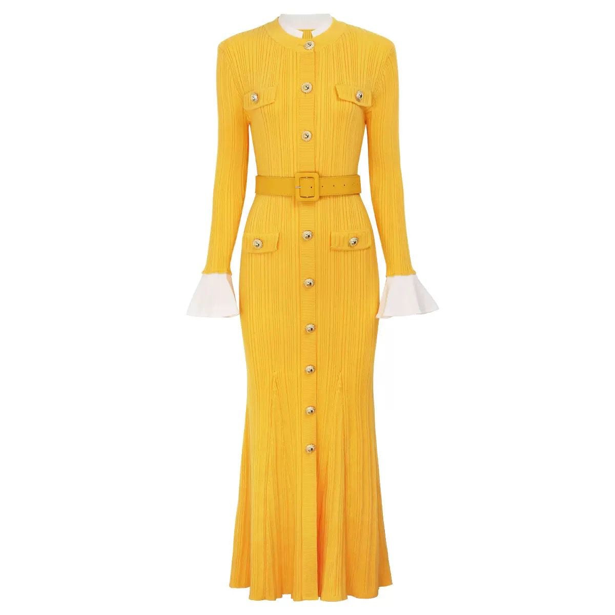 Knit Maxi Dress with Belted Waist and Gold Buttons