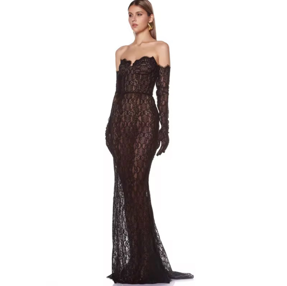 Elegant Strapless Lace Evening Dress with Matching Long Gloves
