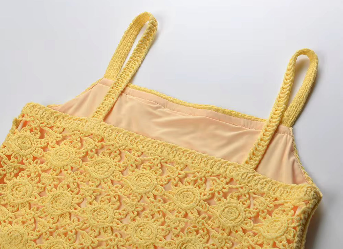 Golden Yellow Crochet Crop & Midi Skirt Set