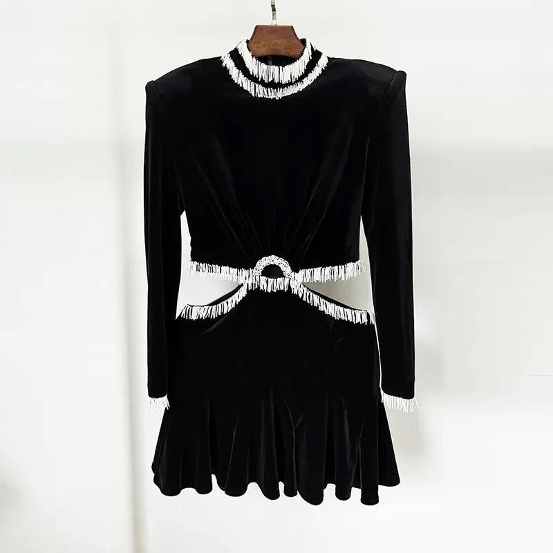 Crystal Fringe Velvet Mini Dress