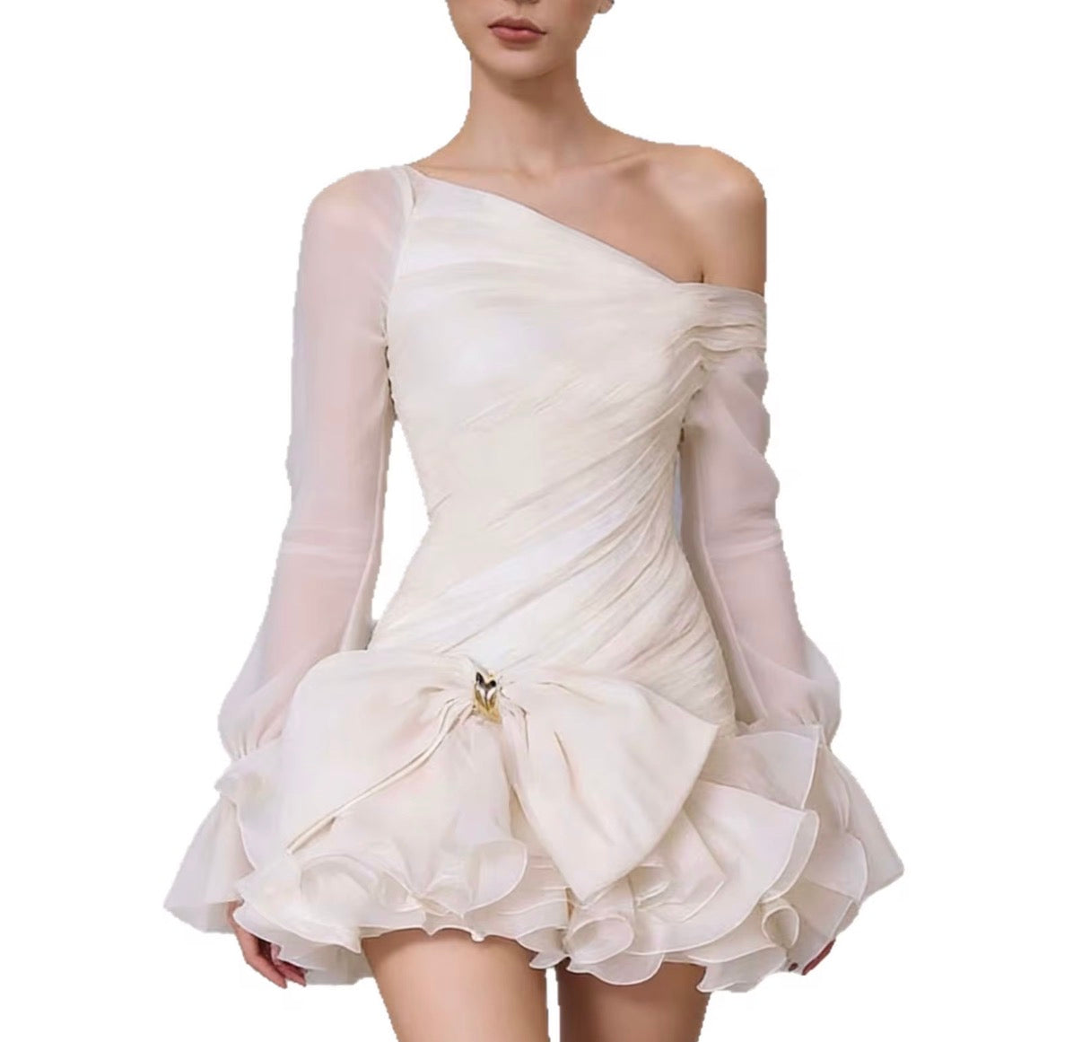 Ivory One-Shoulder Ruched Mini Dress with Statement Bow & Ruffle Hem
