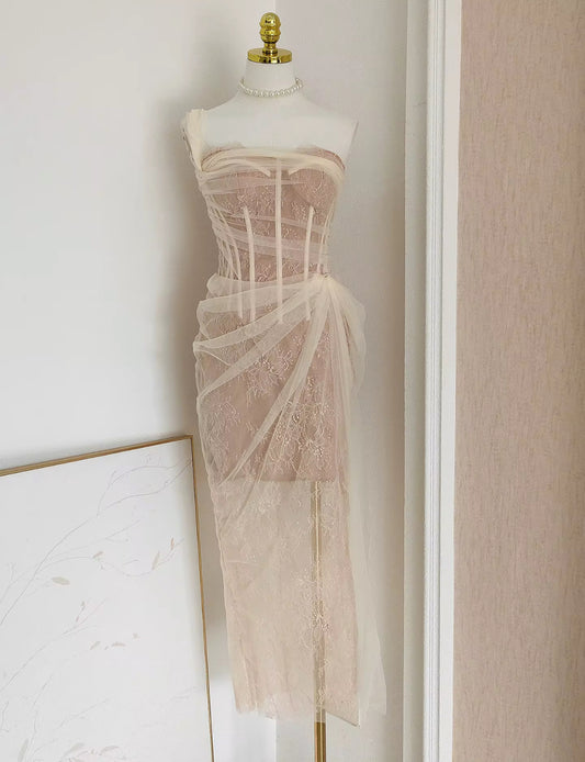 sheer mesh corset dress with draped overlay