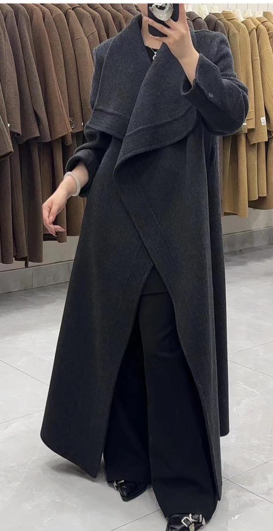 Long Wrap Wool Coat with Cascading Folded Collar