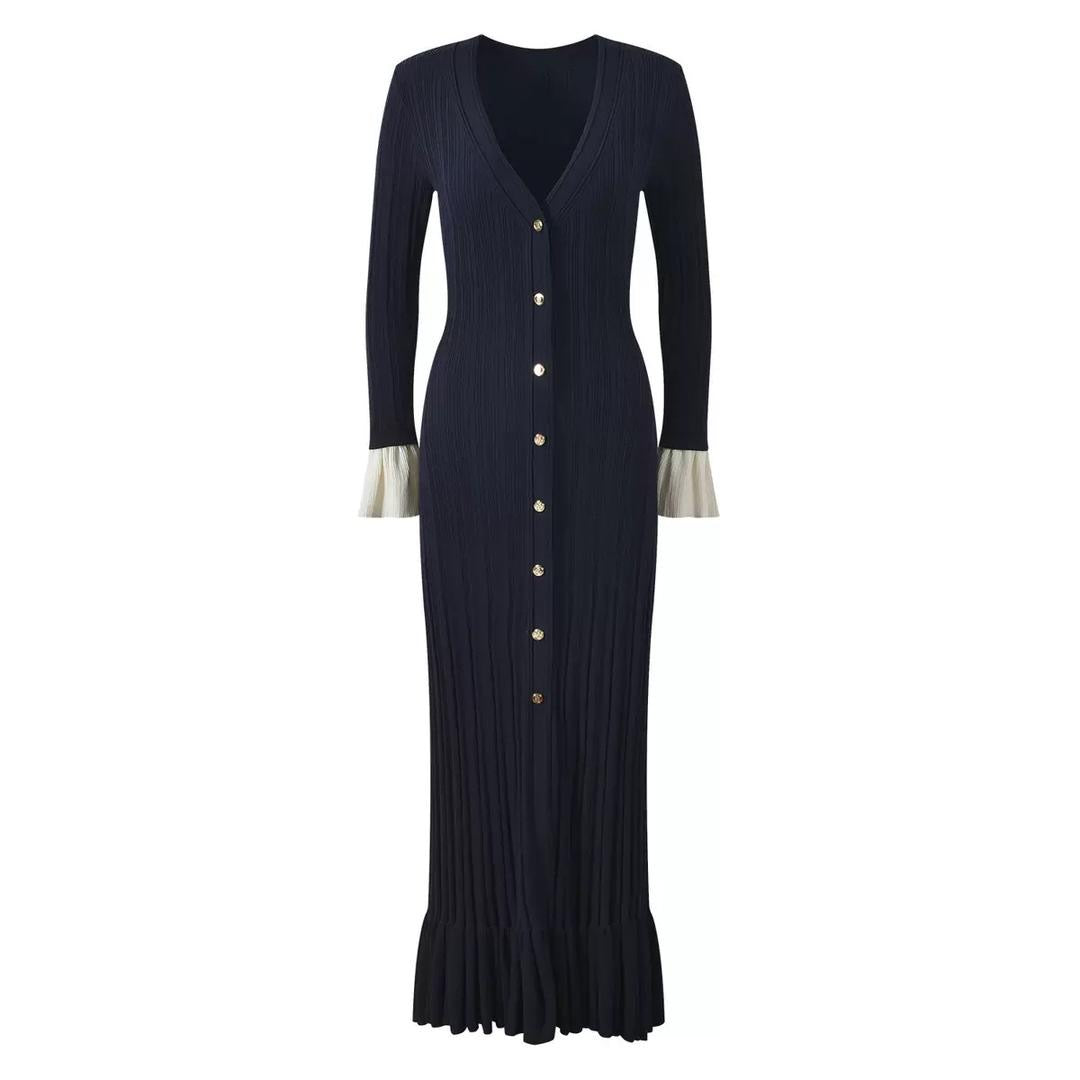 Navy Ribbed Maxi Dress with Gold Buttons and Pleated Cuffs