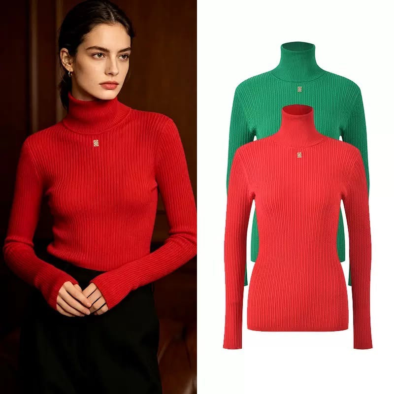 Gold Accent Ribbed Turtleneck Sweater