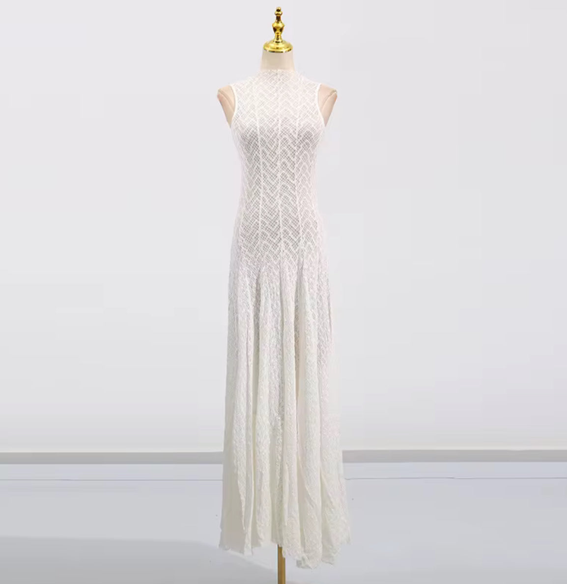 High-Neck Lace Dress with Sheer Illusion Detail