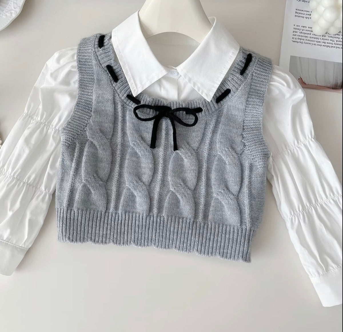 Preppy Grey Knit Vest Skirt Set