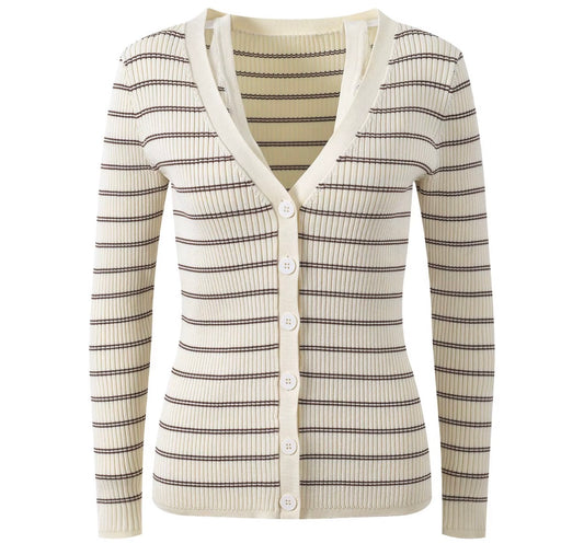 Ivory Striped Ribbed Knit Cardigan