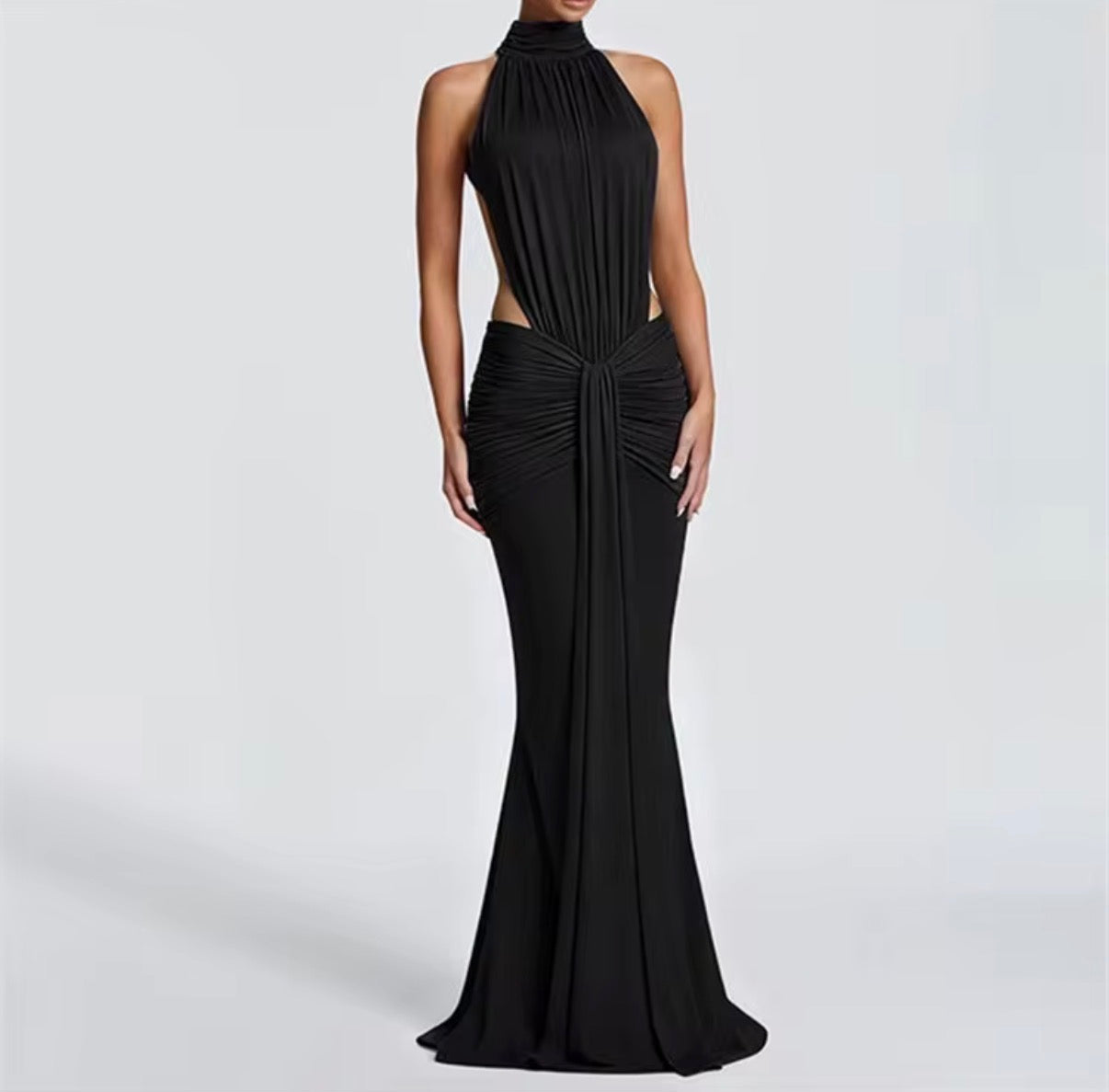 Halter Neck Ruched Maxi Dress