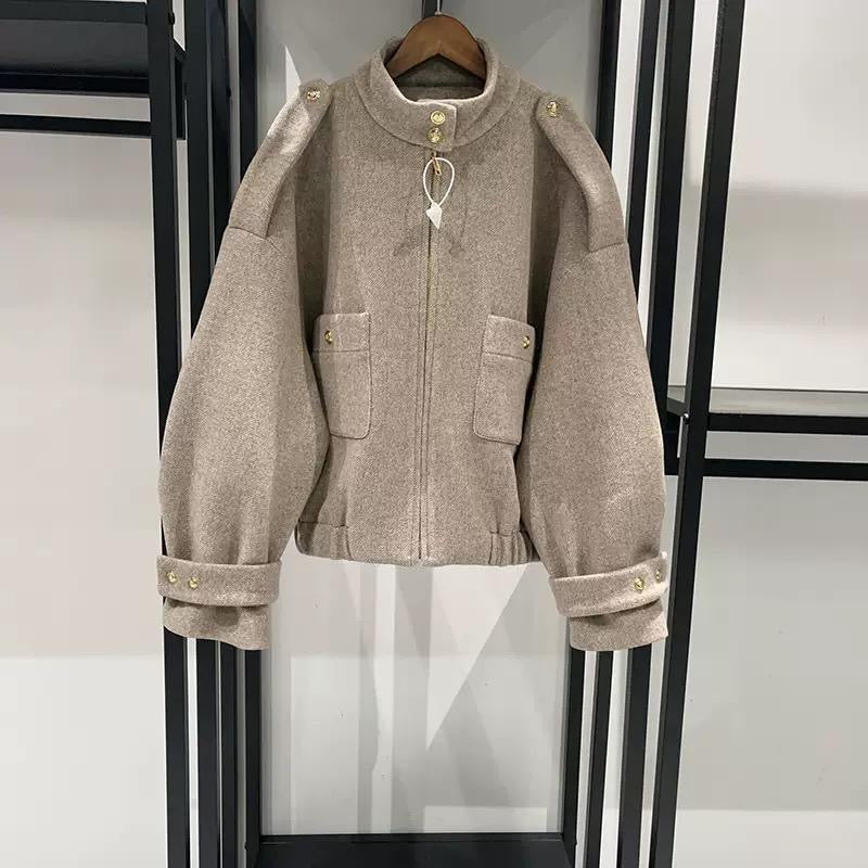 Wool-Blend Military-Inspired Jacket & Mini Skirt Set in Taupe