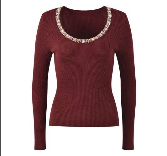 Crystal Neckline Ribbed Knit Top