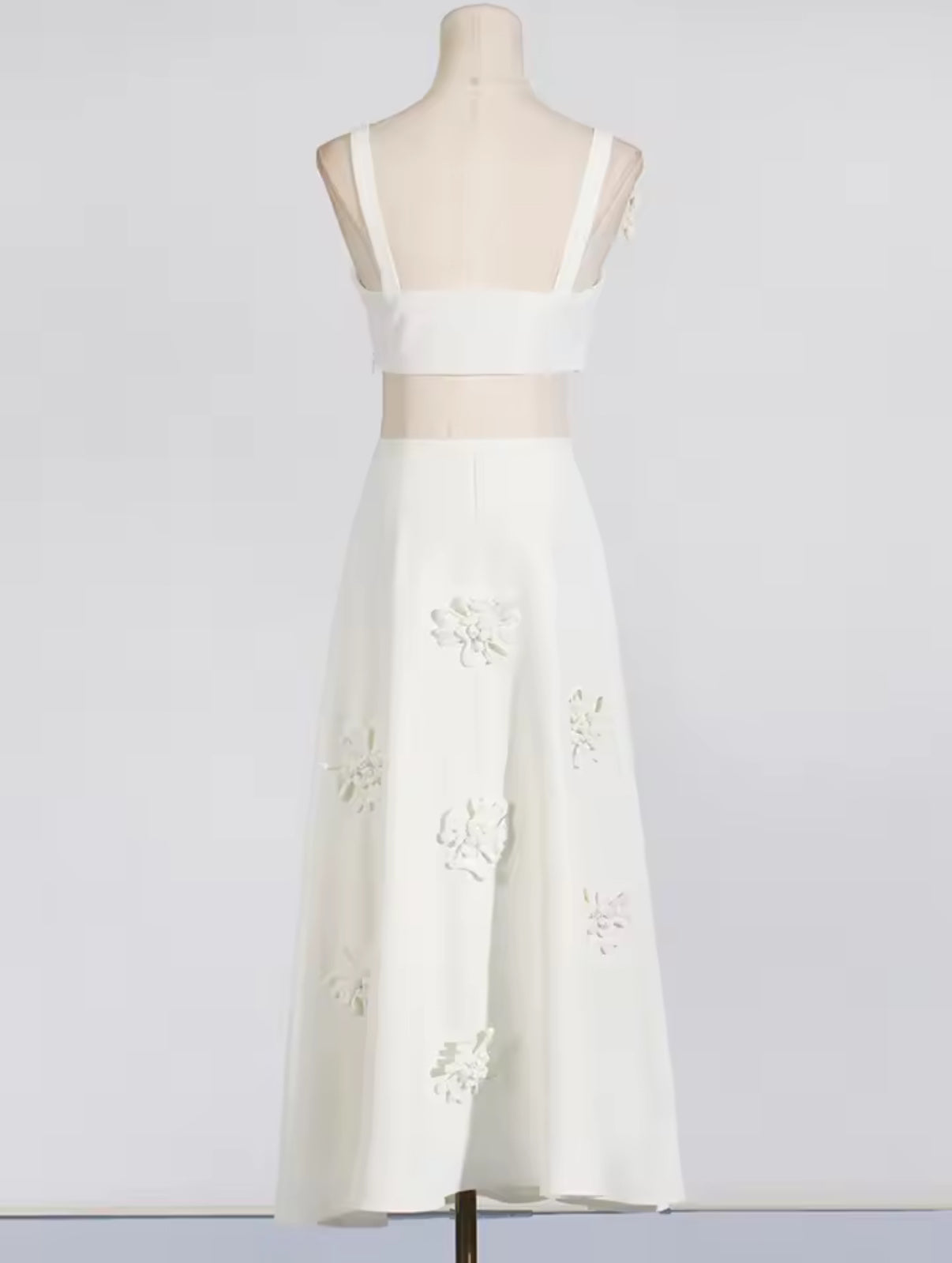 White 3D Floral Crop Top & Maxi Skirt Set