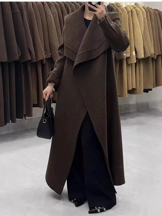 Long Wrap Wool Coat with Cascading Folded Collar
