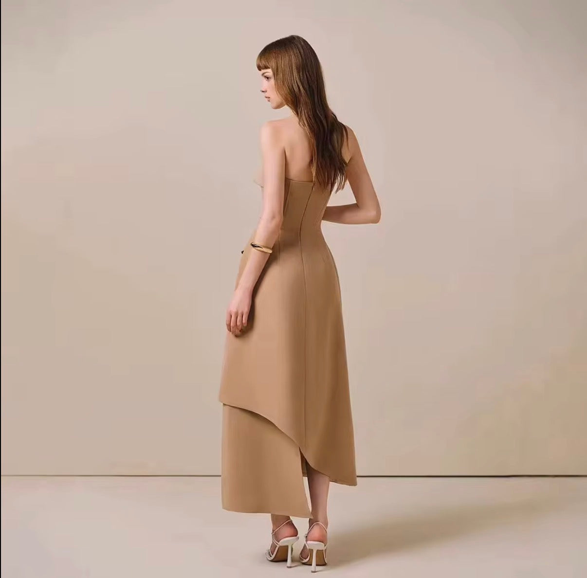 Elegant Strapless Sculpted Asymmetric Midi Dress with Draped Overlay