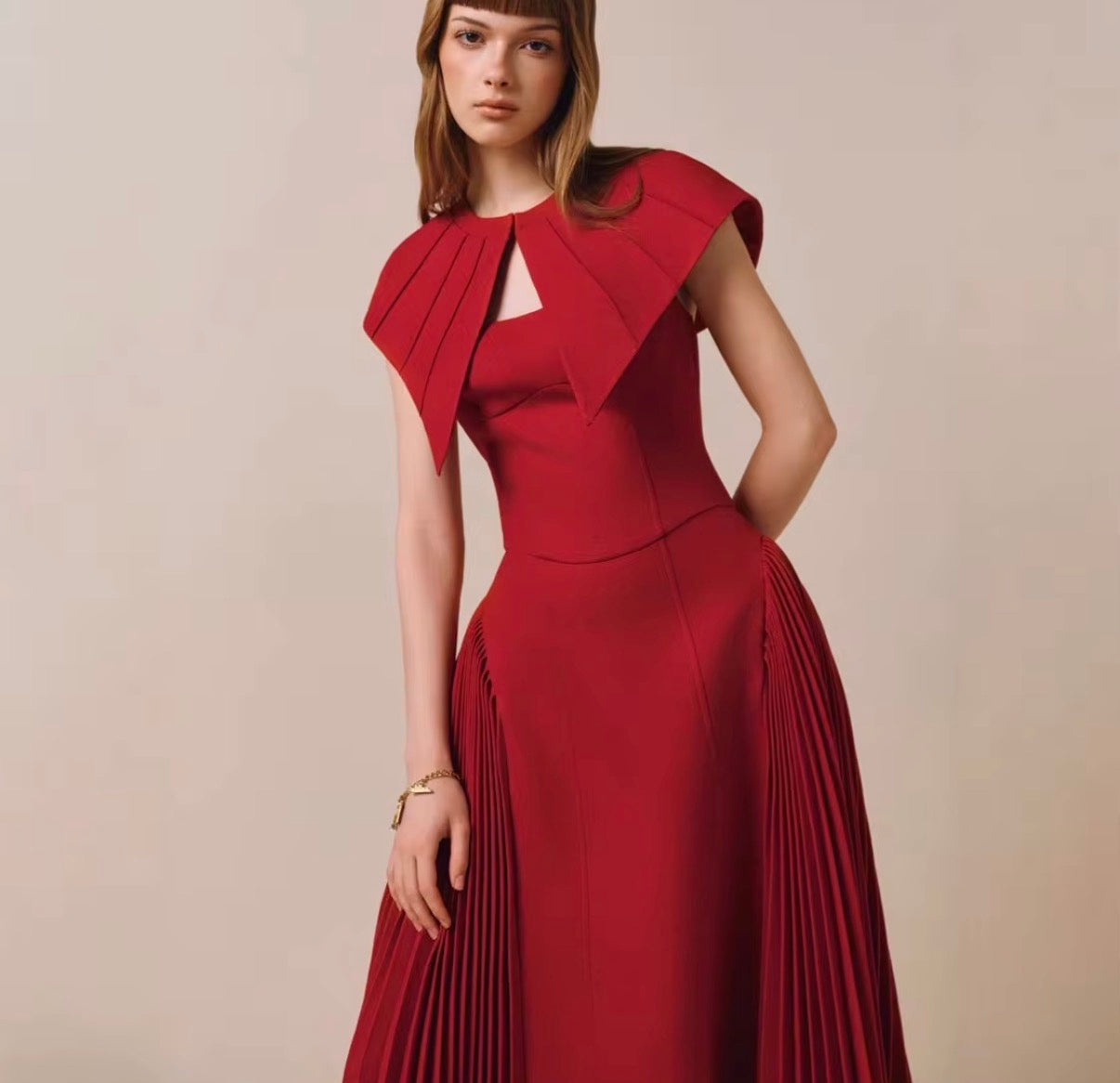 Crimson Sculpt Pleated Cape Midi Dress