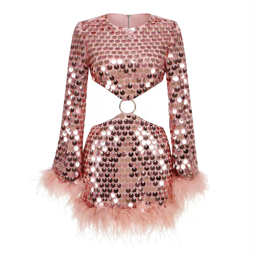 Sequin Feather Cutout Mini Dress