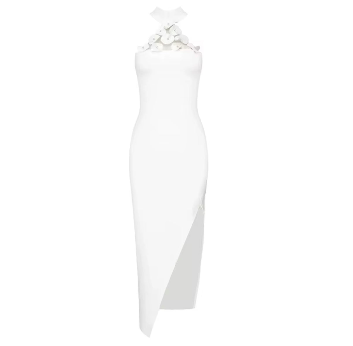Asymmetric Dress with Side Slit and Floral Detail