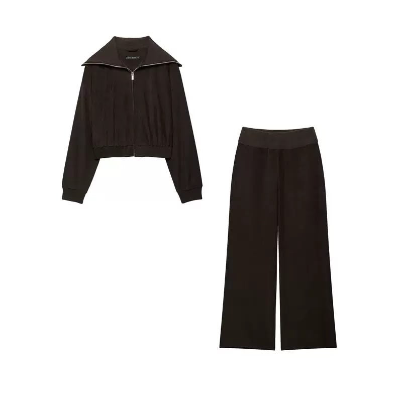 Chocolate Brown Zip-Up Wide-Leg Set