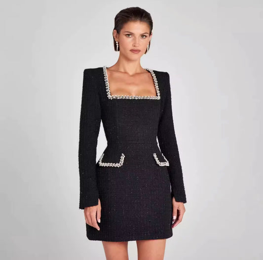 Structured Long-Sleeve Tweed Dress