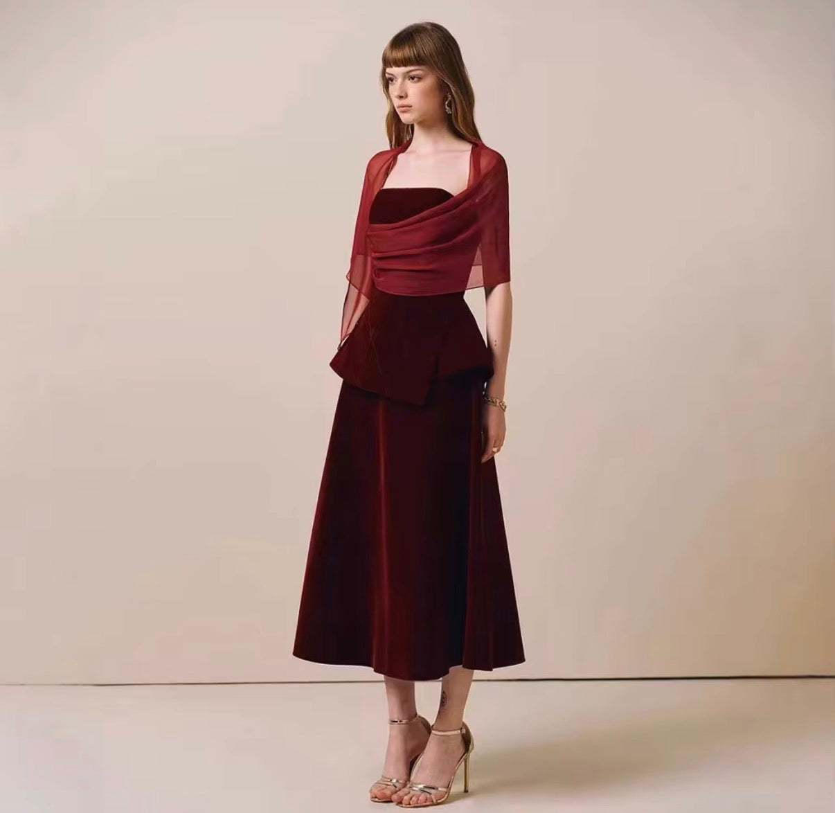 Elegant Draped Sheer Shawl A-Line Midi Dress with Structured Waist
