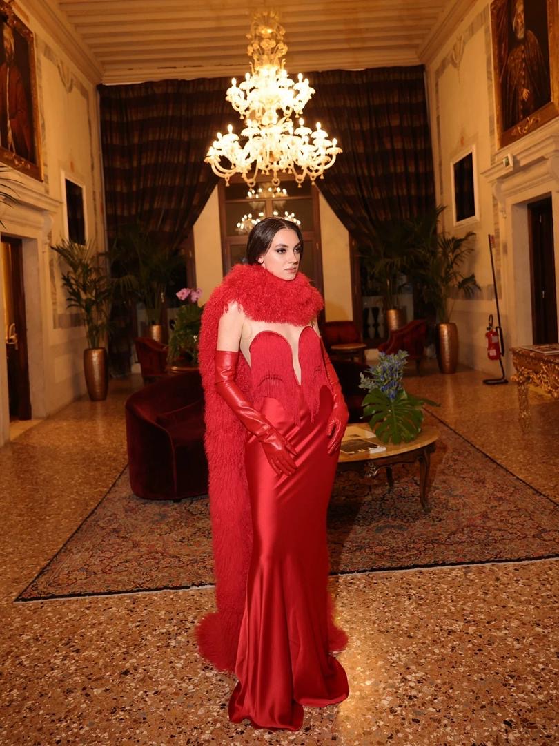 Crimson Goddess Fringe-Sculpted Gala Gown with Faux-Fur Royal Cape
