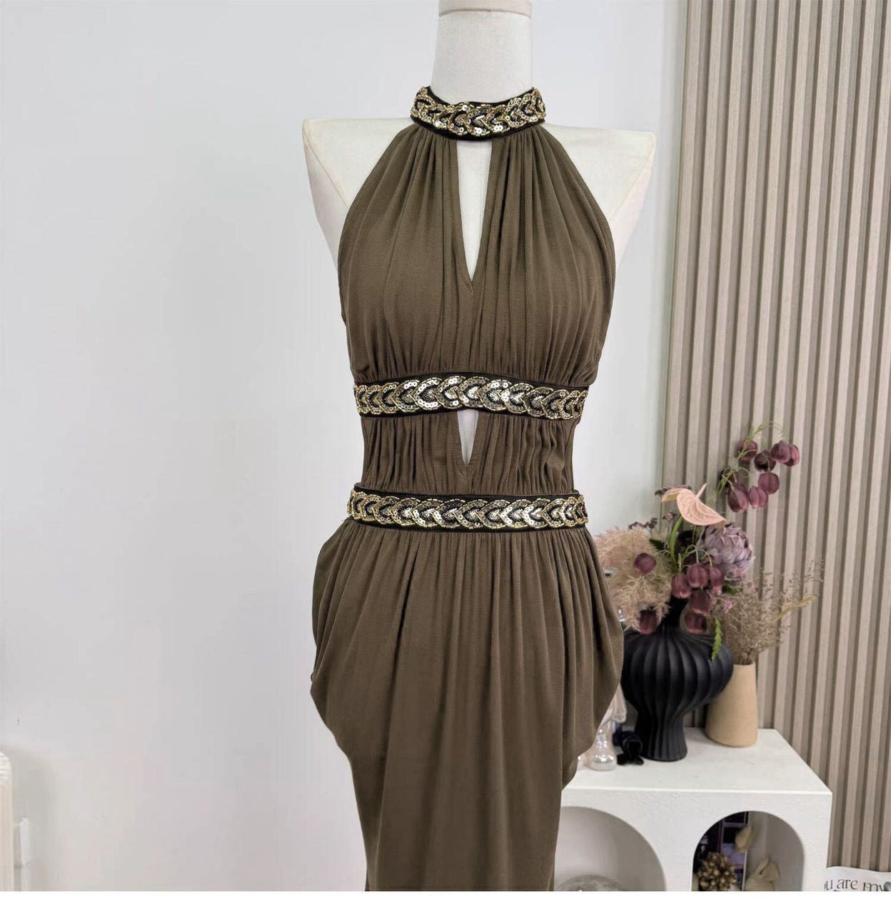 Olive Gold Chain Halter Gown