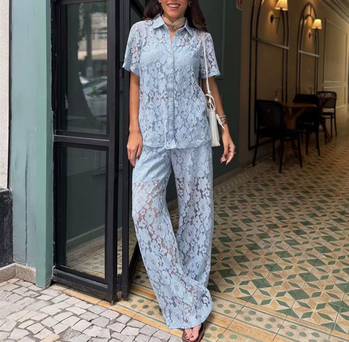 Blue Lace Shirt & Wide-Leg Pants Set