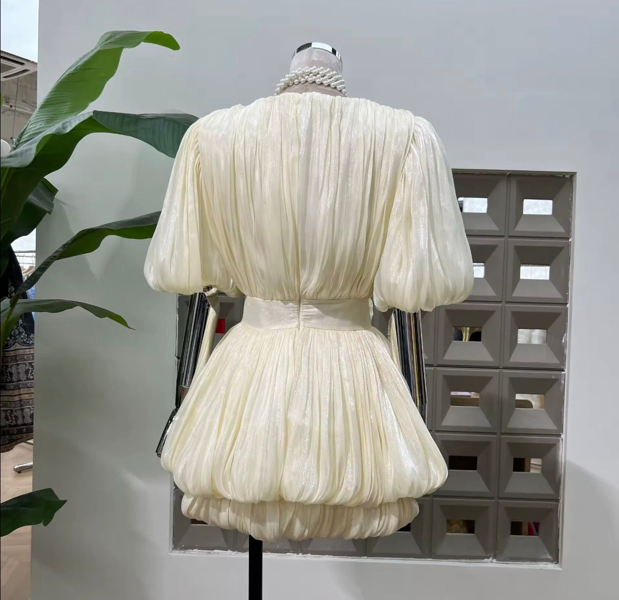 Pleated Puff Sleeve Floral Detail Mini Dress