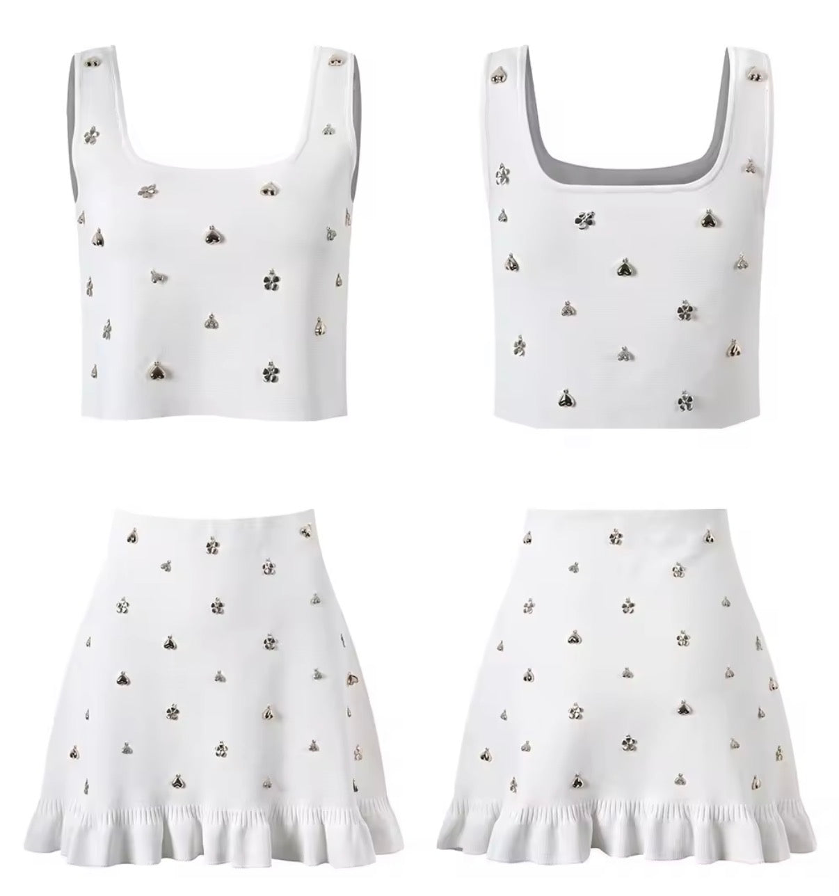Crystal Charm Embellished Crop Top & Ruffle Mini Skirt Set