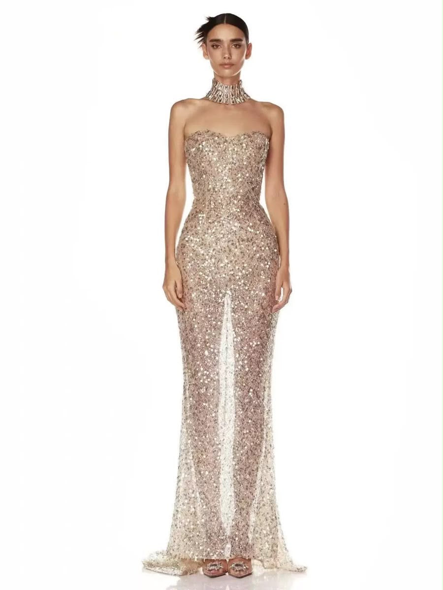Champagne Sequin Strapless Maxi Dress