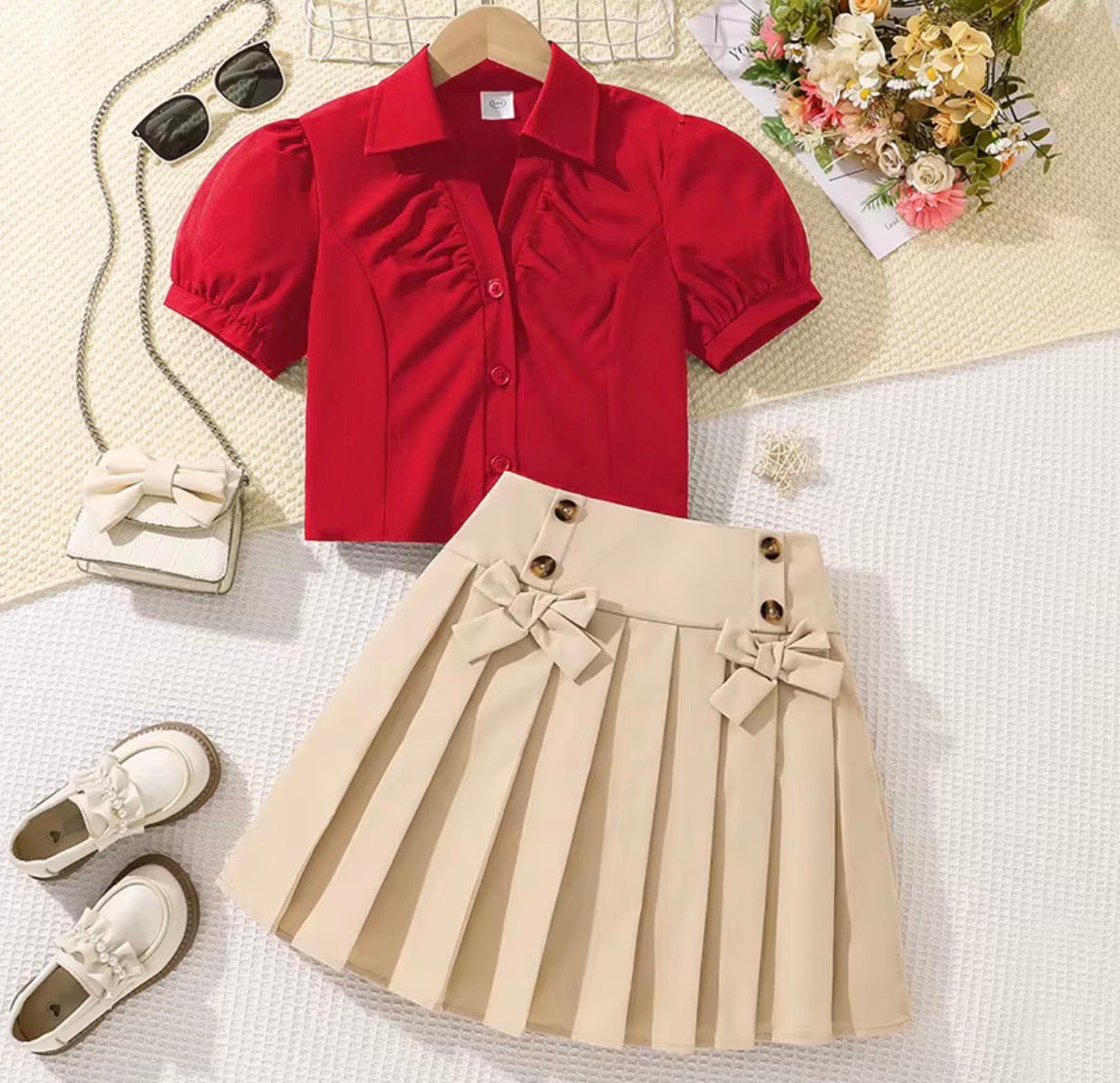Bow Pleated Skirt Set