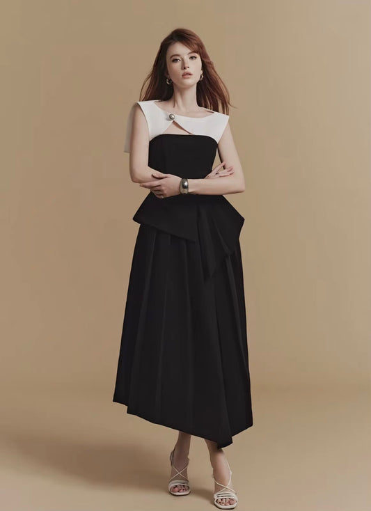 Monochrome Sculpt Asymmetric Peplum Midi Dress