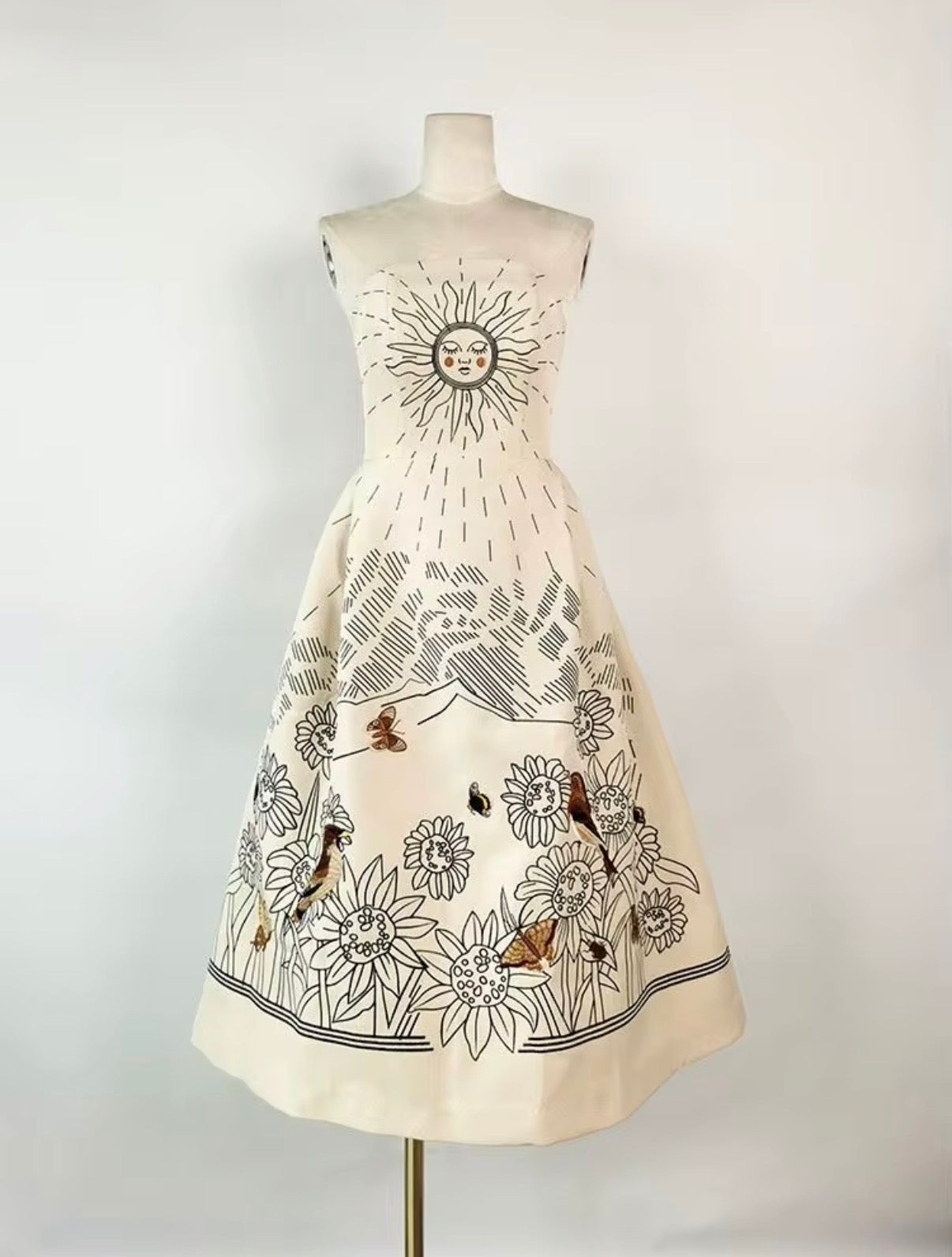Sunflower Sketch Embroidered Bustier Midi Dress