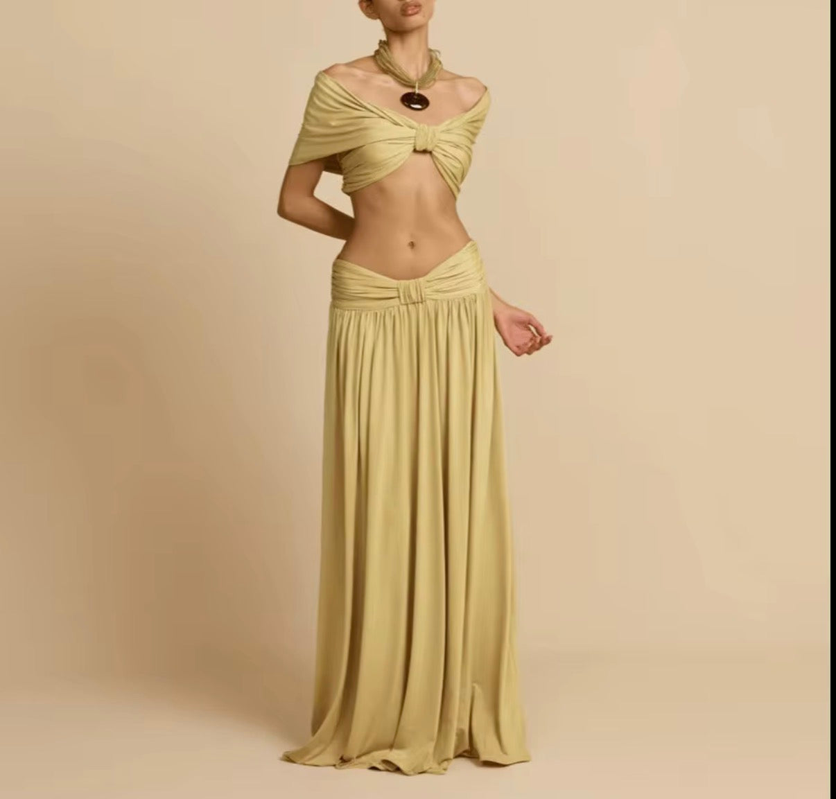 Off-Shoulder Twist Crop & Draped Maxi Skirt Set