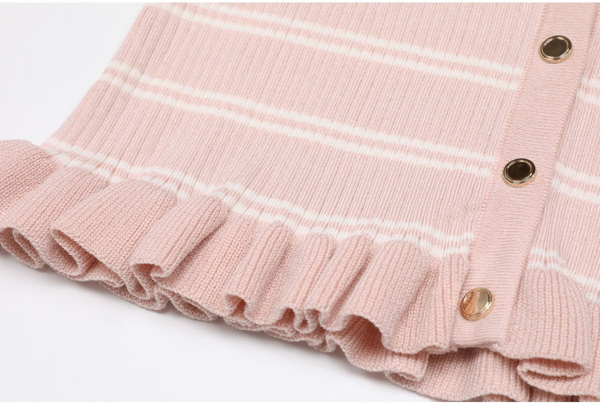 Blush Pink Striped Ruffle Knit Cardigan & Midi Skirt Set