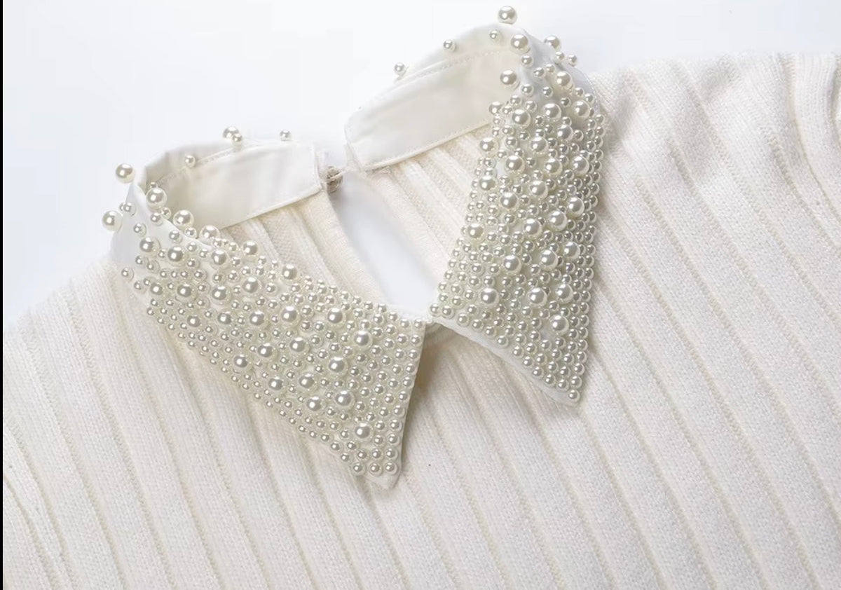 Pearl Collar Ribbed Knit Sweater